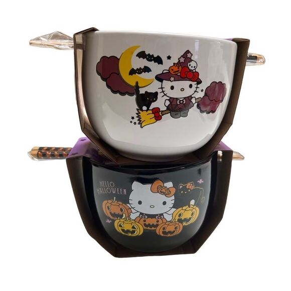 Sanrio Hello Kitty 20oz Halloween Ceramic Bowls with Chopsticks (set of 2) NEW - Picture 2 of 6